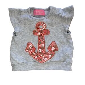 Isaac Mizrahi Baby Girl 3M Gray Anchor Floral Ruffle Short Sleeve Sweatshirt Top